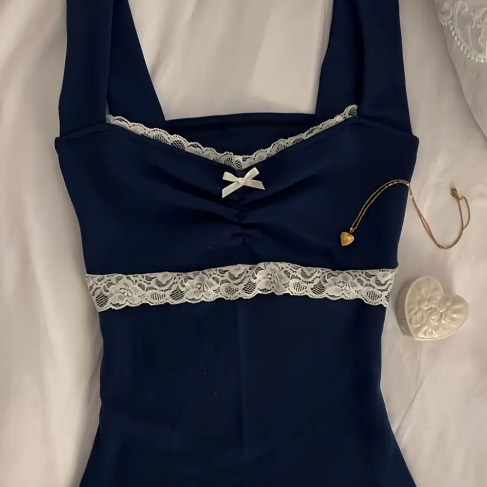 BRAND NEW Women's Elegant Lace Trim Tank Top - Navy Blue